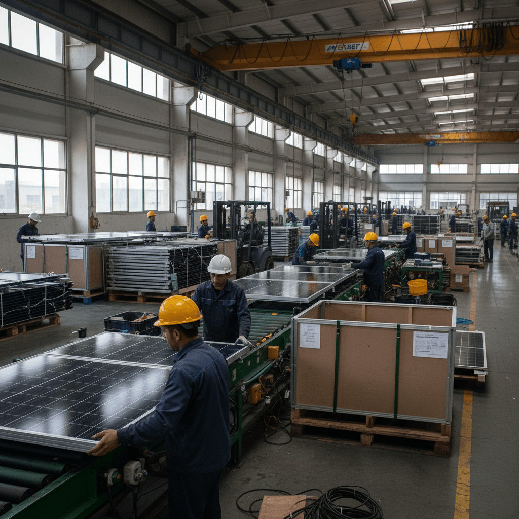 Factory workers in hard hats and uniforms are busy on a solar panel assembly line, surrounded by materials and machinery.