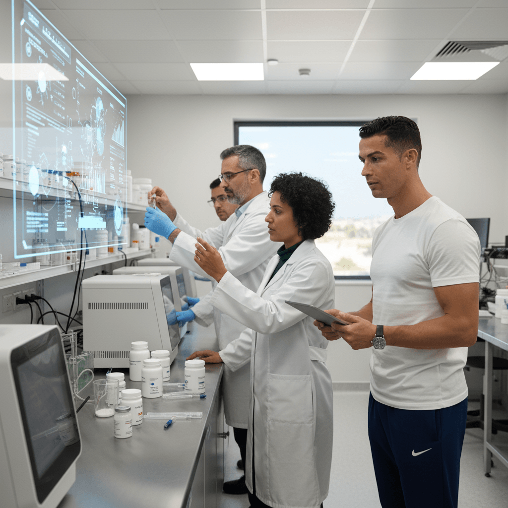 Cristiano Ronaldo watches intently as scientists in lab coats analyze samples and data in a high-tech laboratory setting.