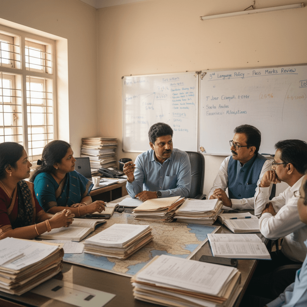 A group of five Karnataka education officials, including Madhu Bangarappa, in a meeting room with documents and a whiteboard.
