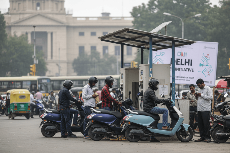 People charging electric scooters at a public station in Delhi, with government buildings in the background.