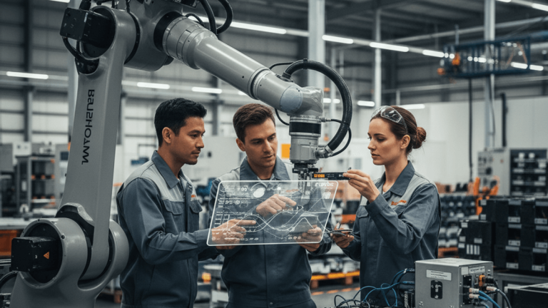 Three engineers in an industrial setting observe and interact with a robotic arm and a transparent display showing data.