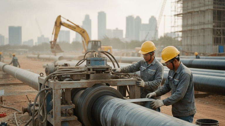 Two workers in hard hats and protective gear operate a pipe wrapping machine on a large pipeline at a construction site.