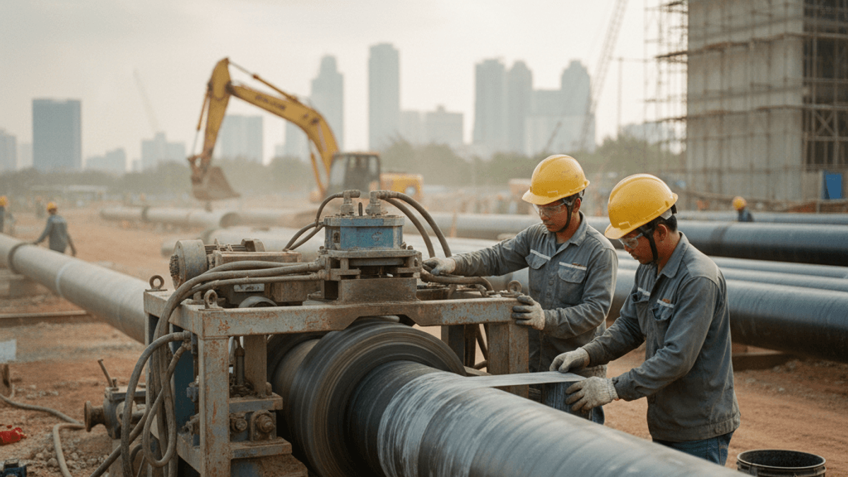 Two workers in hard hats and protective gear operate a pipe wrapping machine on a large pipeline at a construction site.