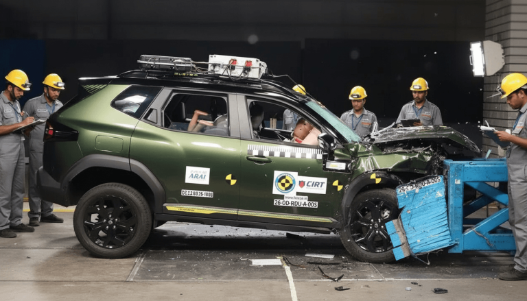A green Renault Duster SUV is shown after a crash test, with technicians in hard hats examining the vehicle in a controlled environment.