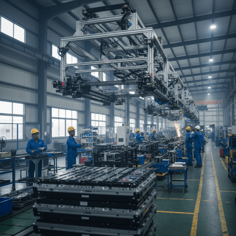 An industrial factory floor with multi-axis truss robots overhead, workers in blue uniforms and hard hats, and stacks of EV battery packs.