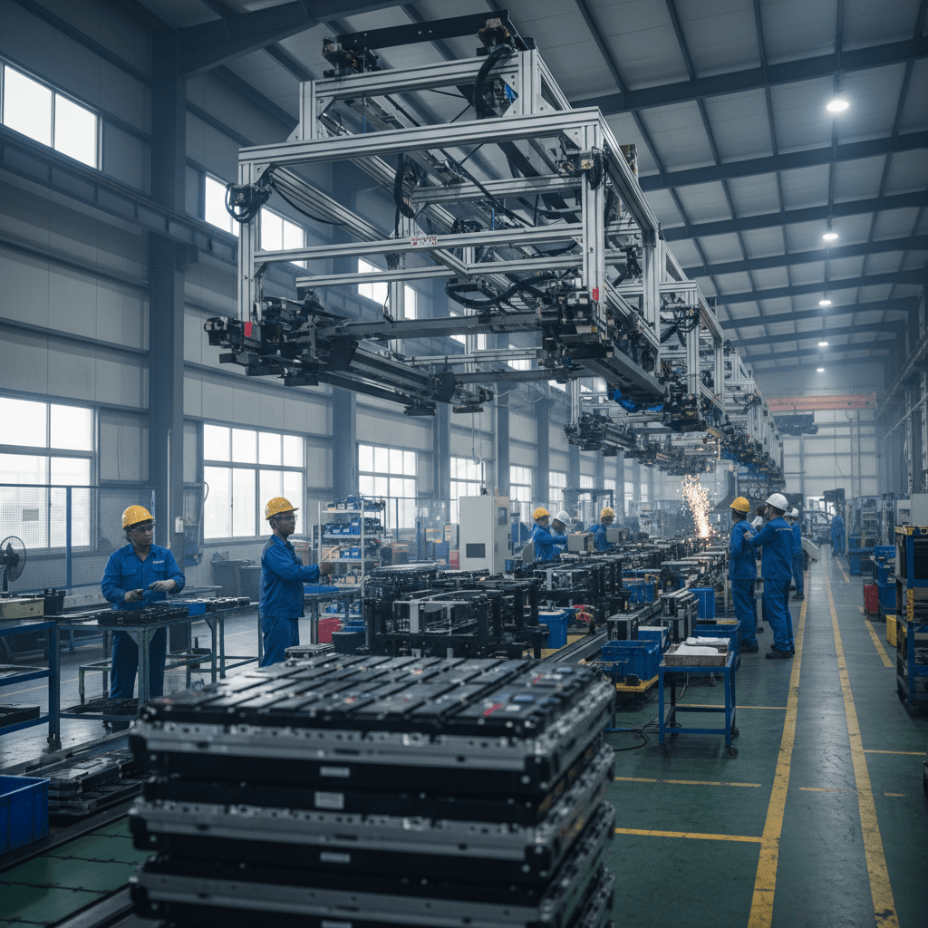 An industrial factory floor with multi-axis truss robots overhead, workers in blue uniforms and hard hats, and stacks of EV battery packs.