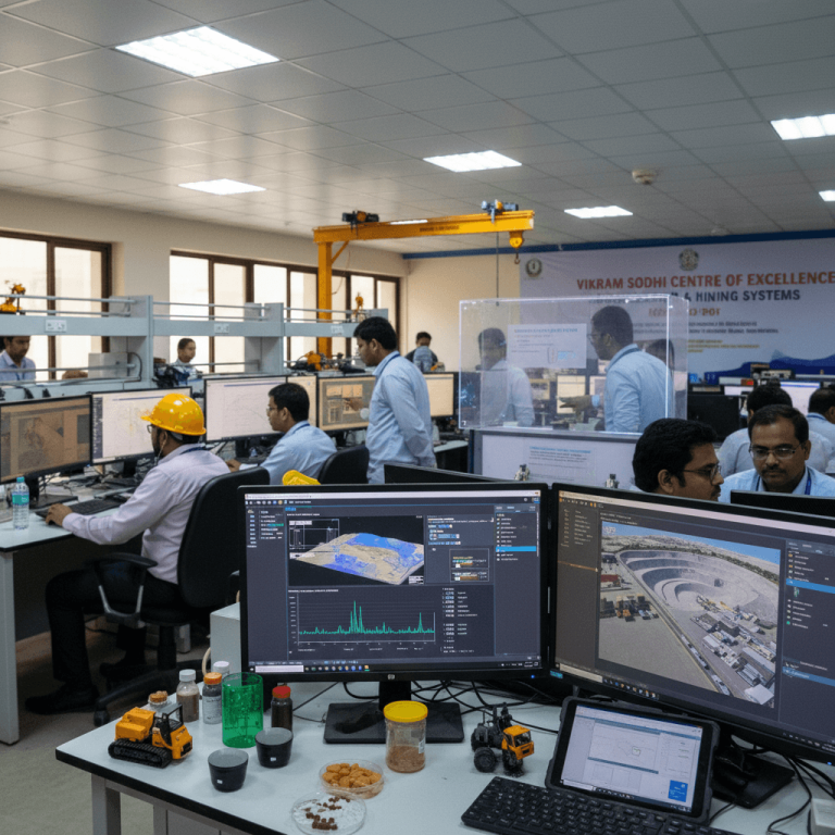 An interior shot of a modern AI research center with multiple people working at computer stations, displaying geological and mining data.