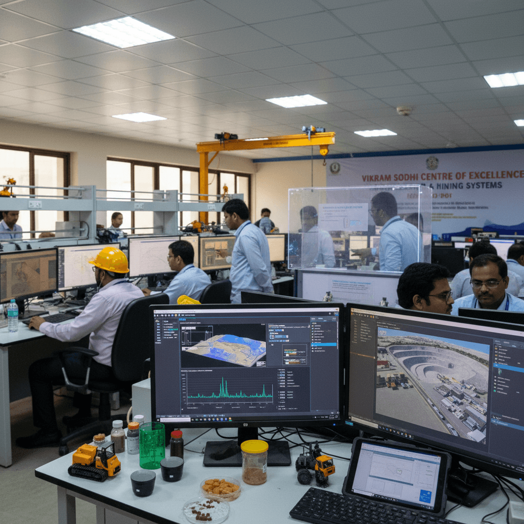 An interior shot of a modern AI research center with multiple people working at computer stations, displaying geological and mining data.