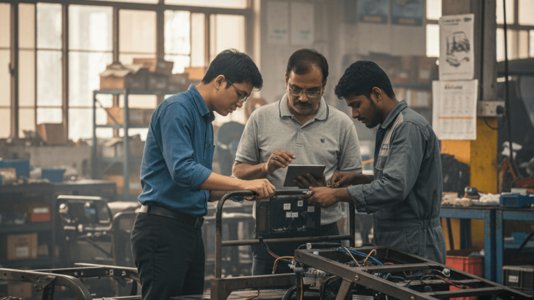 Three engineers, two Indian and one East Asian, focused on assembling an electric three-wheeler chassis in a bustling factory.