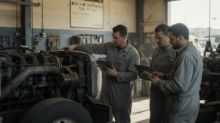 Three mechanics in a dimly lit garage inspect a large truck engine, with paperwork visible on a workbench.