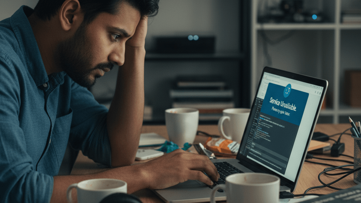 A man with his hand on his head, looking stressed at a laptop displaying a "Service Unavailable" message.