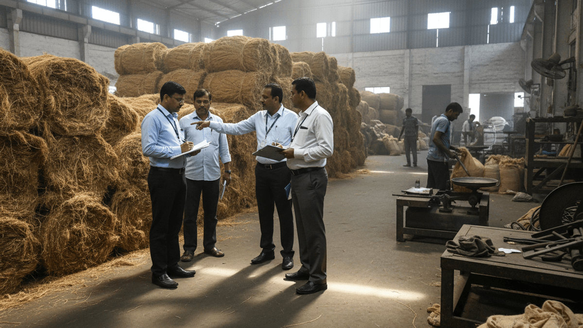 Four men in business casual attire, presumably government officials, inspect large bales of jute inside a dimly lit warehouse.