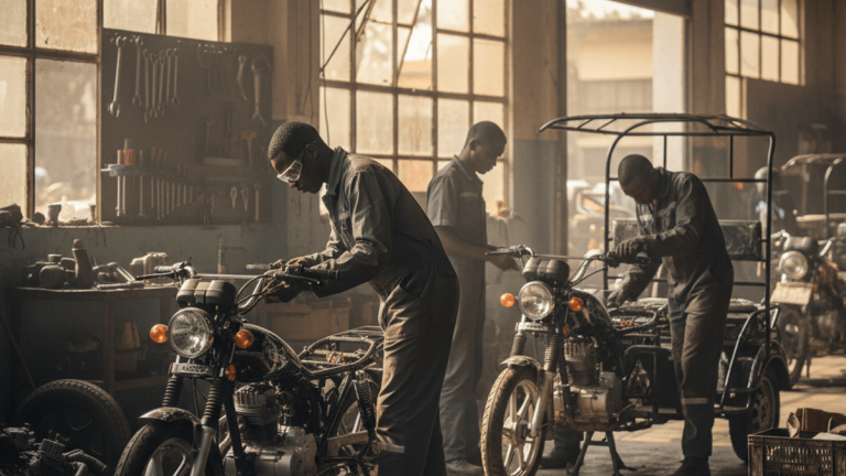 Three mechanics work on motorcycles and a three-wheeled vehicle inside a sunlit garage in Zambia.