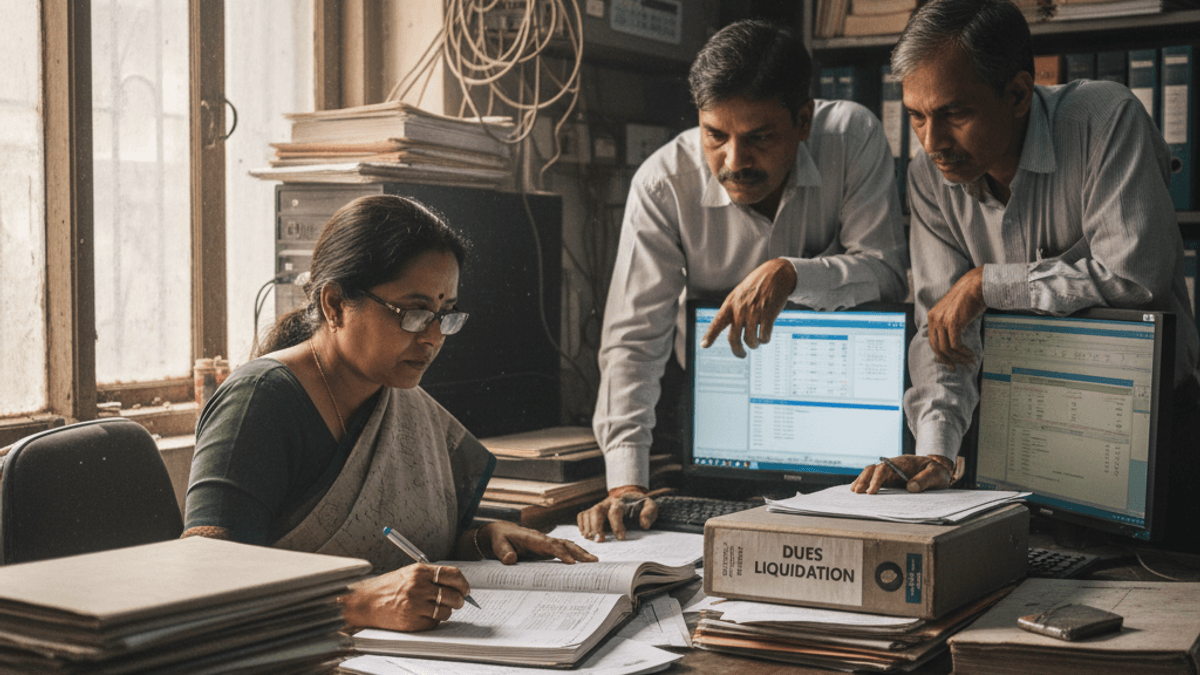 Three Indian government officials, two men and one woman, meticulously examine financial records and computer screens in a cluttered office.