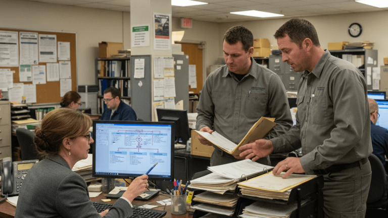 Three government employees in an office, two men standing with folders, one woman seated at a computer, all focused on documents.