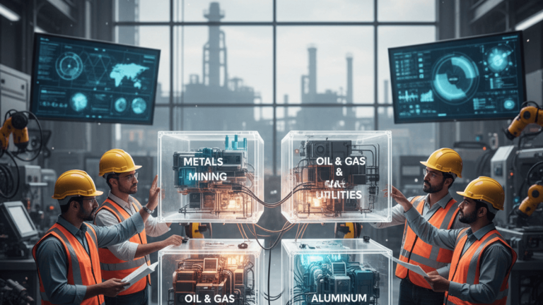 Four engineers in hard hats and safety vests are in an industrial setting, looking at glowing transparent cubes representing business units.