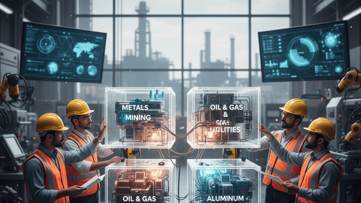 Four engineers in hard hats and safety vests are in an industrial setting, looking at glowing transparent cubes representing business units.
