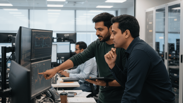 Two traders in a busy office, one pointing at complex graphs on a computer screen while the other looks on, deep in thought.