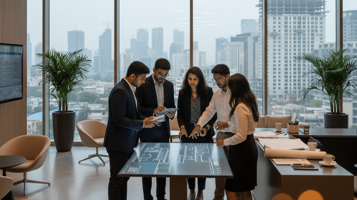 A group of five professionals in a modern office, gathered around an interactive table displaying floor plans.