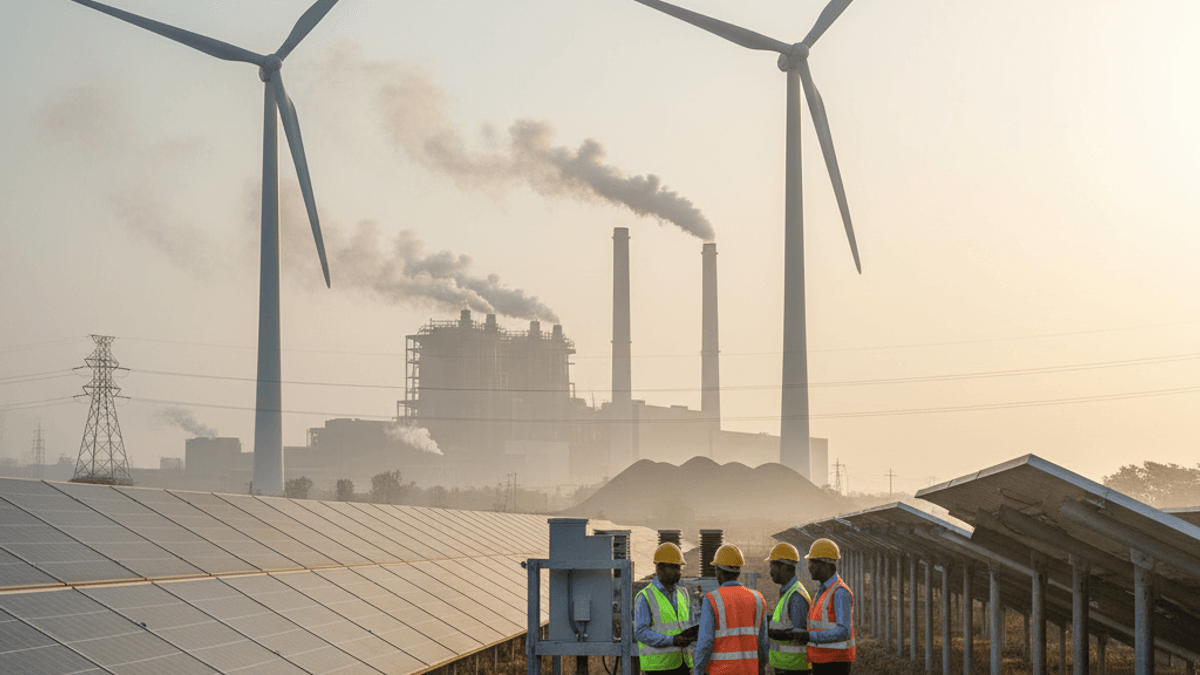 Four engineers in hard hats and safety vests stand among solar panels and wind turbines, with a coal power plant visible in the hazy distance.