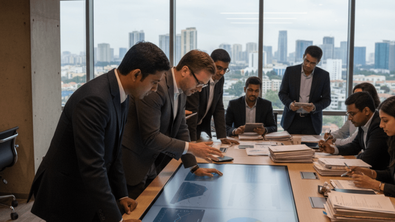 A group of diverse business professionals, some foreign and some Indian, intensely review data on a large interactive table screen.