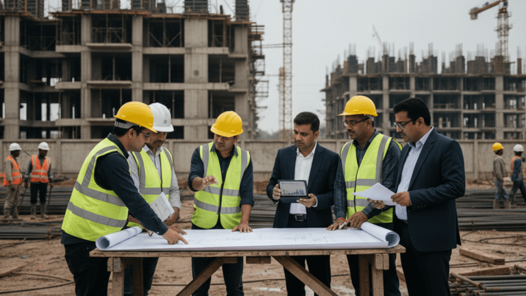 A group of construction workers and executives in hard hats and vests review blueprints on a muddy construction site.
