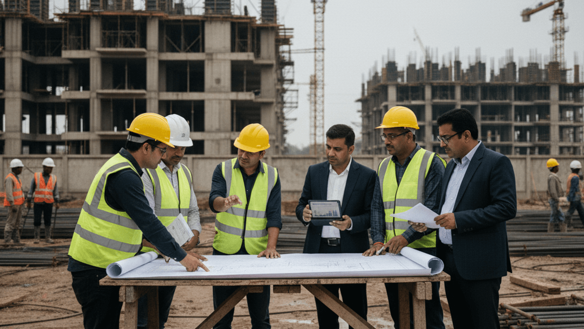 A group of construction workers and executives in hard hats and vests review blueprints on a muddy construction site.