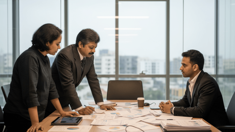 Three business professionals, two standing and one seated, engage in a focused discussion around a table covered with documents.