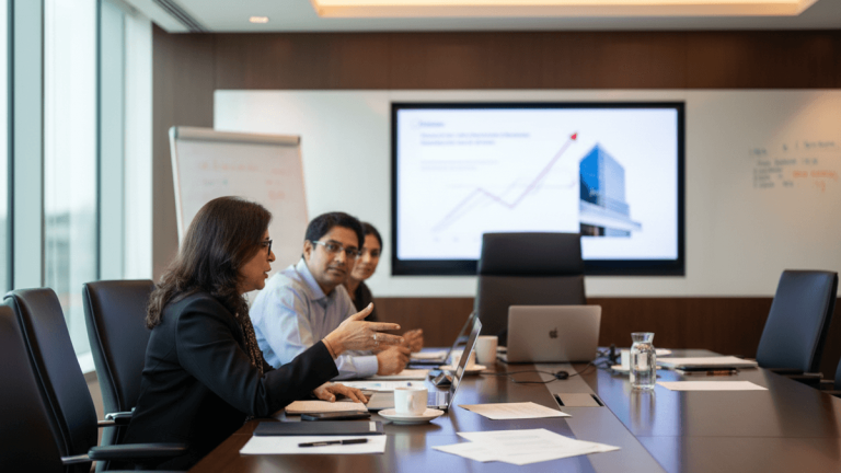 A candid shot of Vibha Padalkar gesturing during a board meeting, with colleagues and a growth chart on a screen in the background.