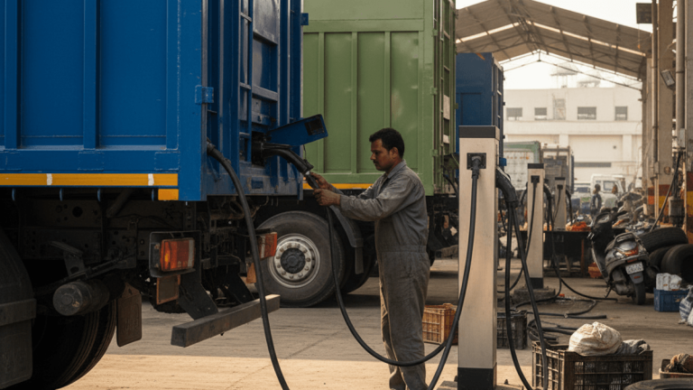 A mechanic in a gray uniform charges a large blue electric truck in a sunny, industrial garage in India.