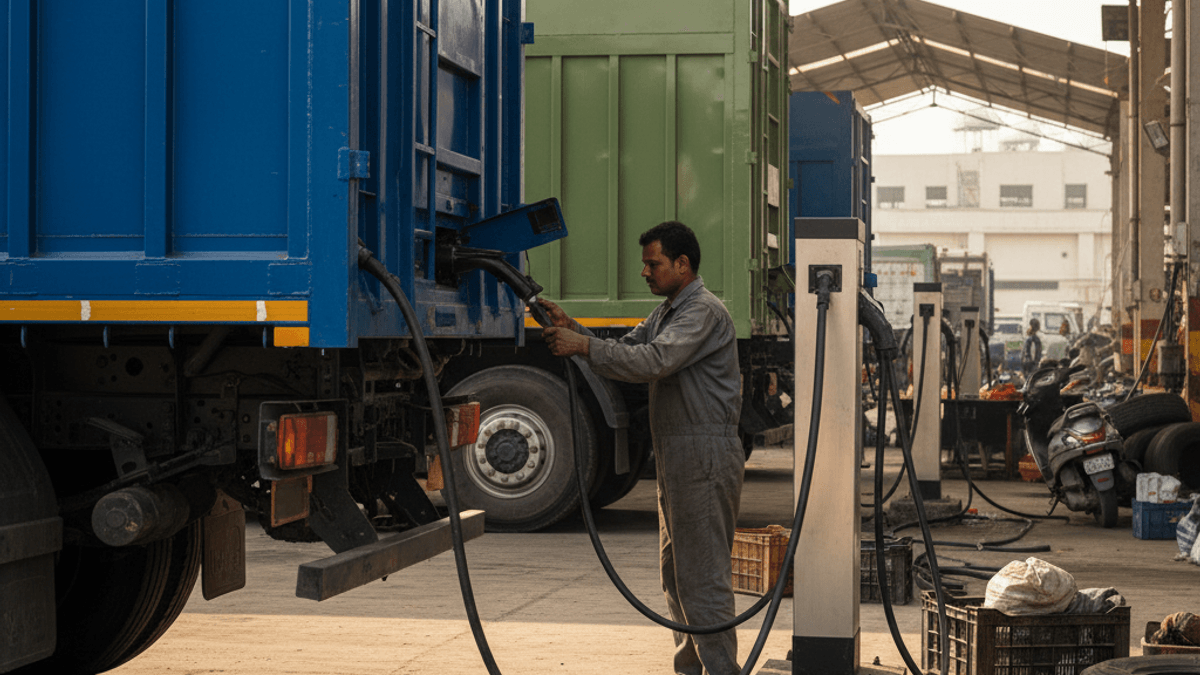 A mechanic in a gray uniform charges a large blue electric truck in a sunny, industrial garage in India.