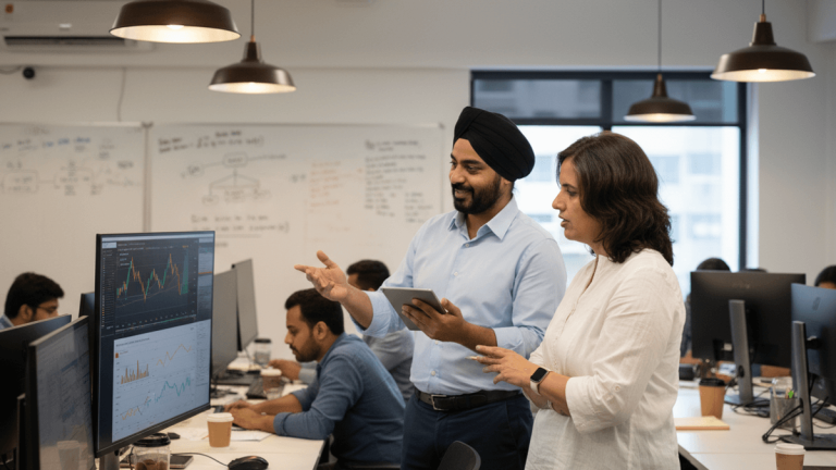 A man in a turban and a woman observe stock charts on a computer in a modern, bustling office environment.