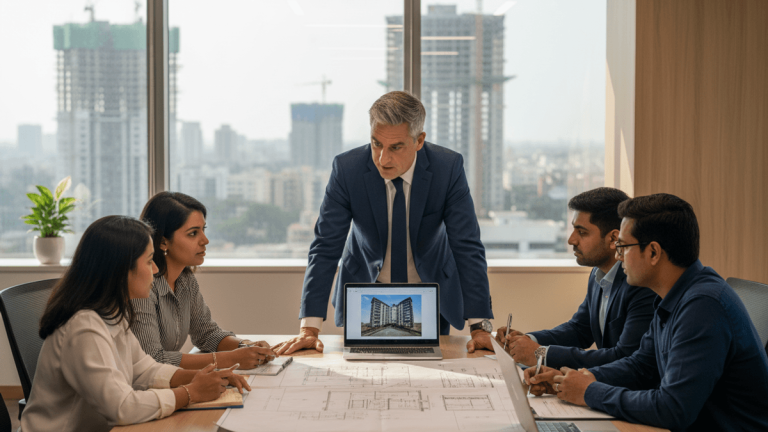 Neil Murray, JLL CEO, leads a meeting with four Indian colleagues, reviewing building plans and a laptop display.