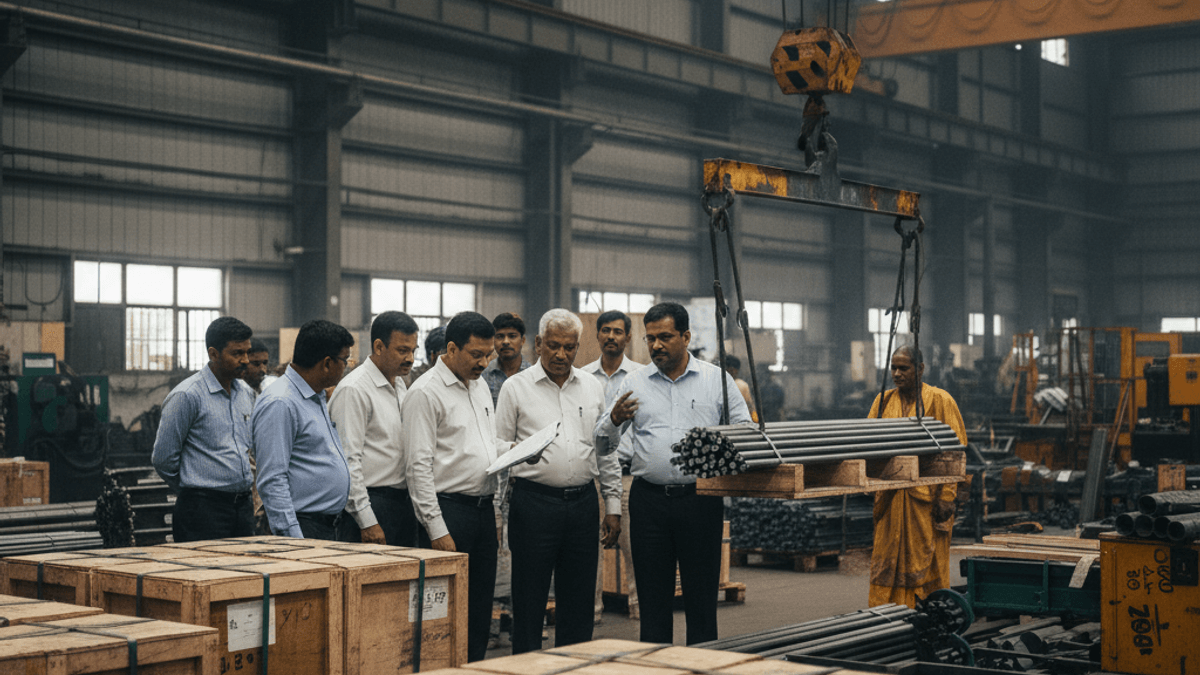 Government officials review documents and inspect steel products being prepared for export in a busy factory.