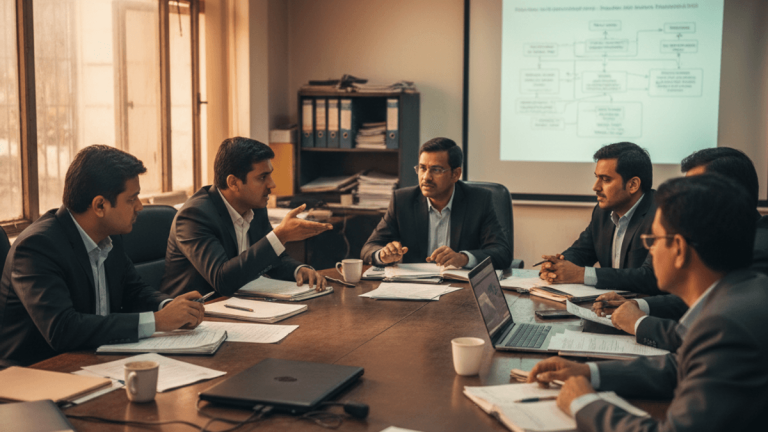 Indian telecom executives in suits debate around a conference table with documents, a laptop, and a projected flowchart.