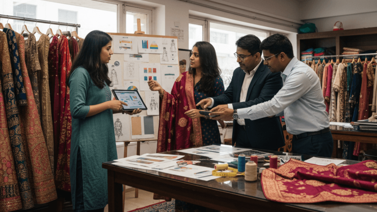 Four individuals, two women and two men, examining textiles and a tablet in a well-lit design studio.