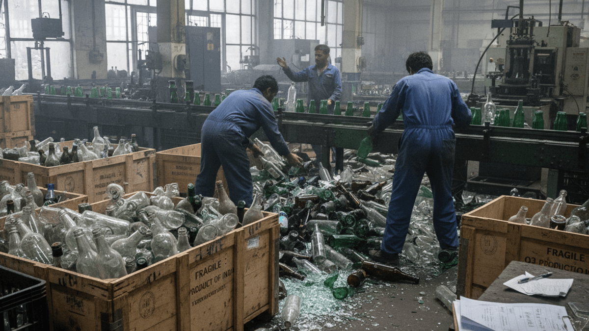Indian factory workers in blue overalls sort glass bottles on a conveyor belt, with many broken bottles on the ground.