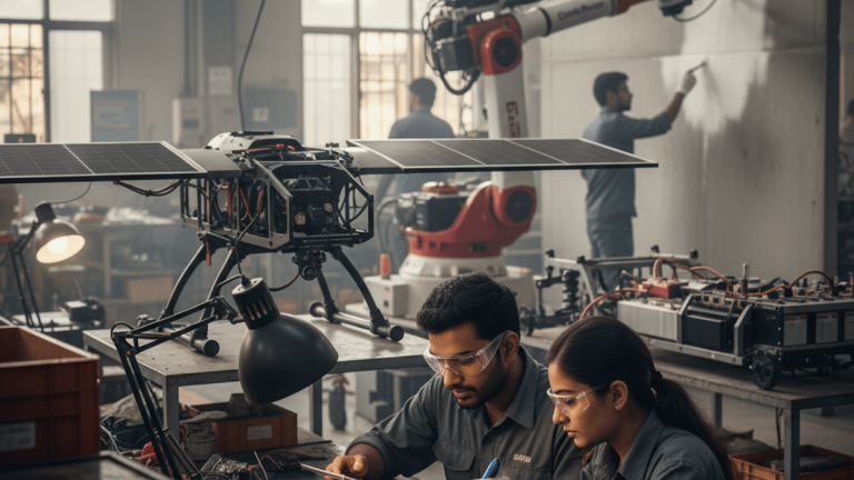 Two Indian engineers in safety glasses meticulously work on circuit boards, with a solar-powered drone and robotic arm in the background.