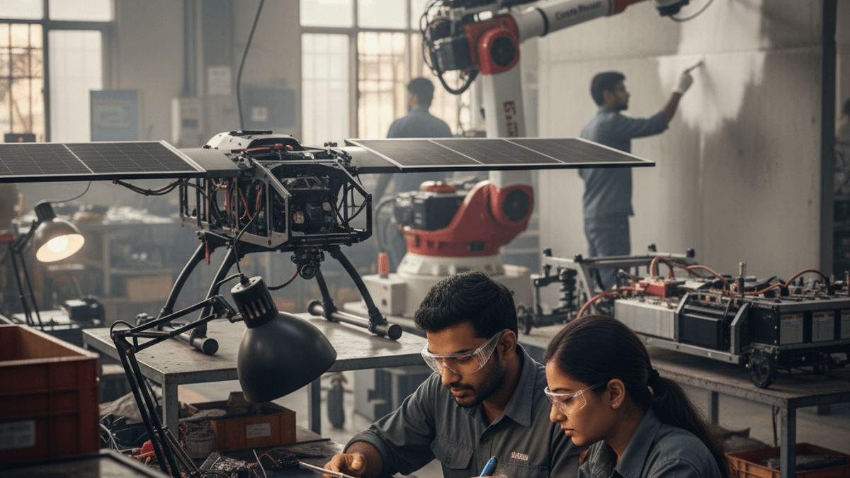 Two Indian engineers in safety glasses meticulously work on circuit boards, with a solar-powered drone and robotic arm in the background.