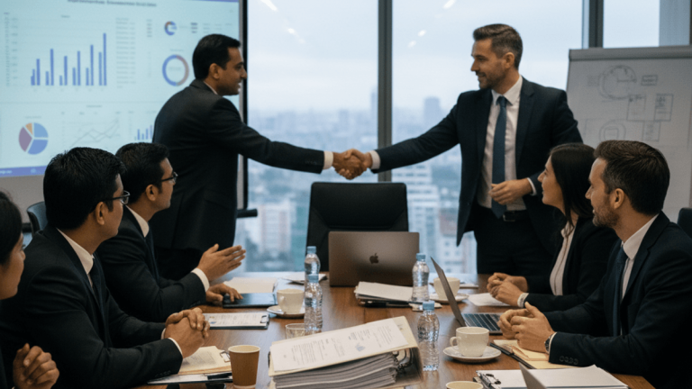 Two men in business suits shake hands across a boardroom table, surrounded by other executives, signifying a partnership.