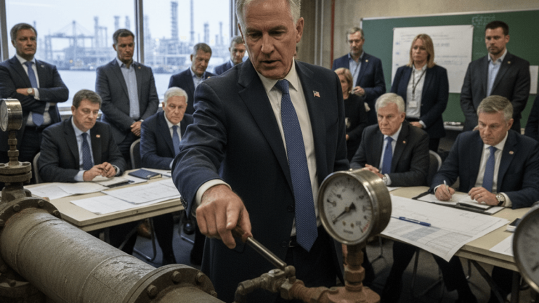 Treasury Secretary Scott Bessent, in a suit, adjusts a large industrial valve with a pressure gauge, surrounded by officials.