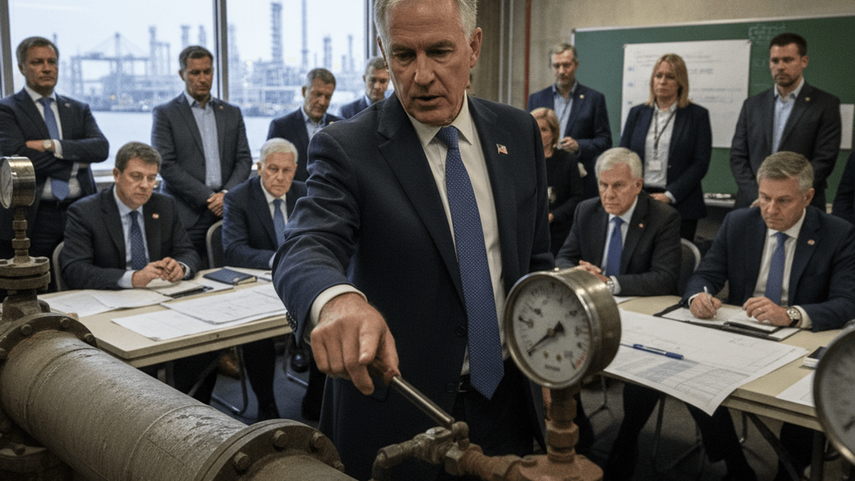 Treasury Secretary Scott Bessent, in a suit, adjusts a large industrial valve with a pressure gauge, surrounded by officials.