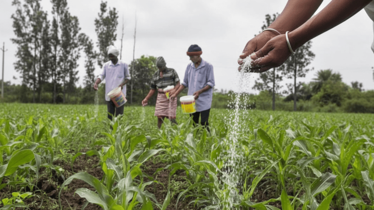 Close-up of hands scattering white fertilizer over green crops, with three other farmers in the background.