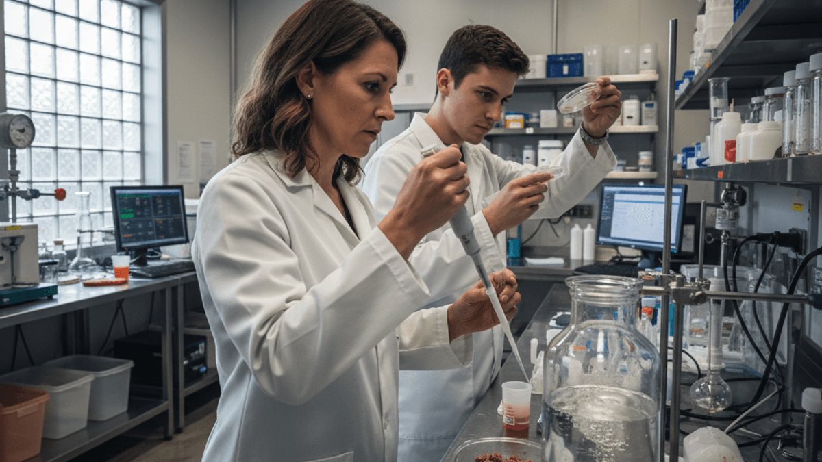 Two scientists, one male and one female, in lab coats, actively working with scientific equipment and pet food samples in a laboratory.