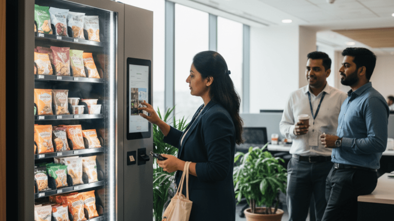 Woman at a smart vending machine in an office, selecting a snack. Two male colleagues stand and talk in the background.
