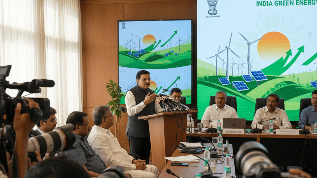 Indian Minister Pralhad Joshi speaking at a press conference, surrounded by cameras and officials, with green energy visuals on screens.