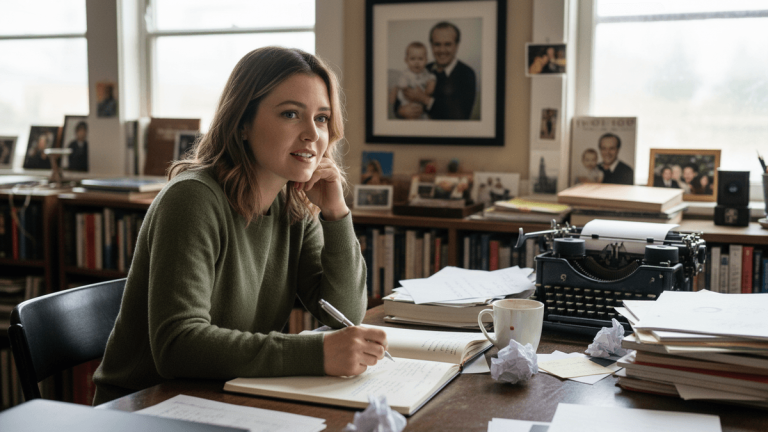 Lorraine Nicholson, dressed in a green sweater, sits at a cluttered desk, pen in hand, looking thoughtfully to her right.