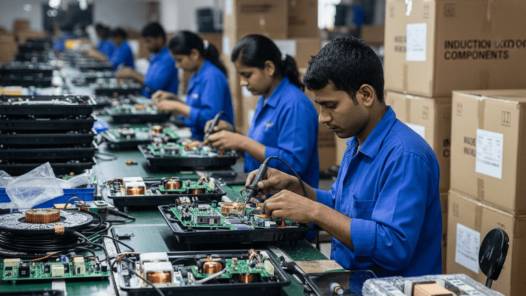A busy factory floor in India, showing workers in blue uniforms assembling induction cooktops on an assembly line.
