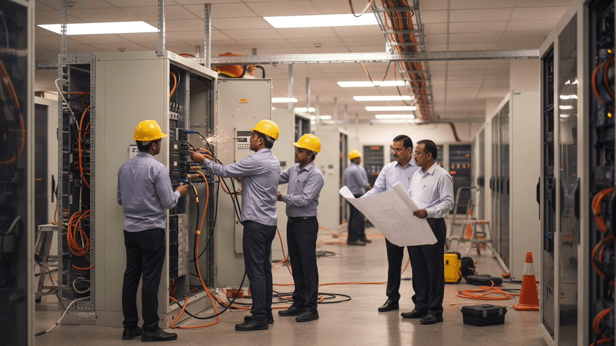 A group of Indian men in a data center, some in hard hats working on electrical panels, others in shirts inspecting blueprints.