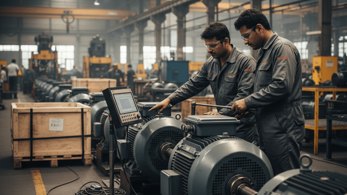 Two engineers in grey overalls and safety glasses examine large industrial motors in a dimly lit factory.